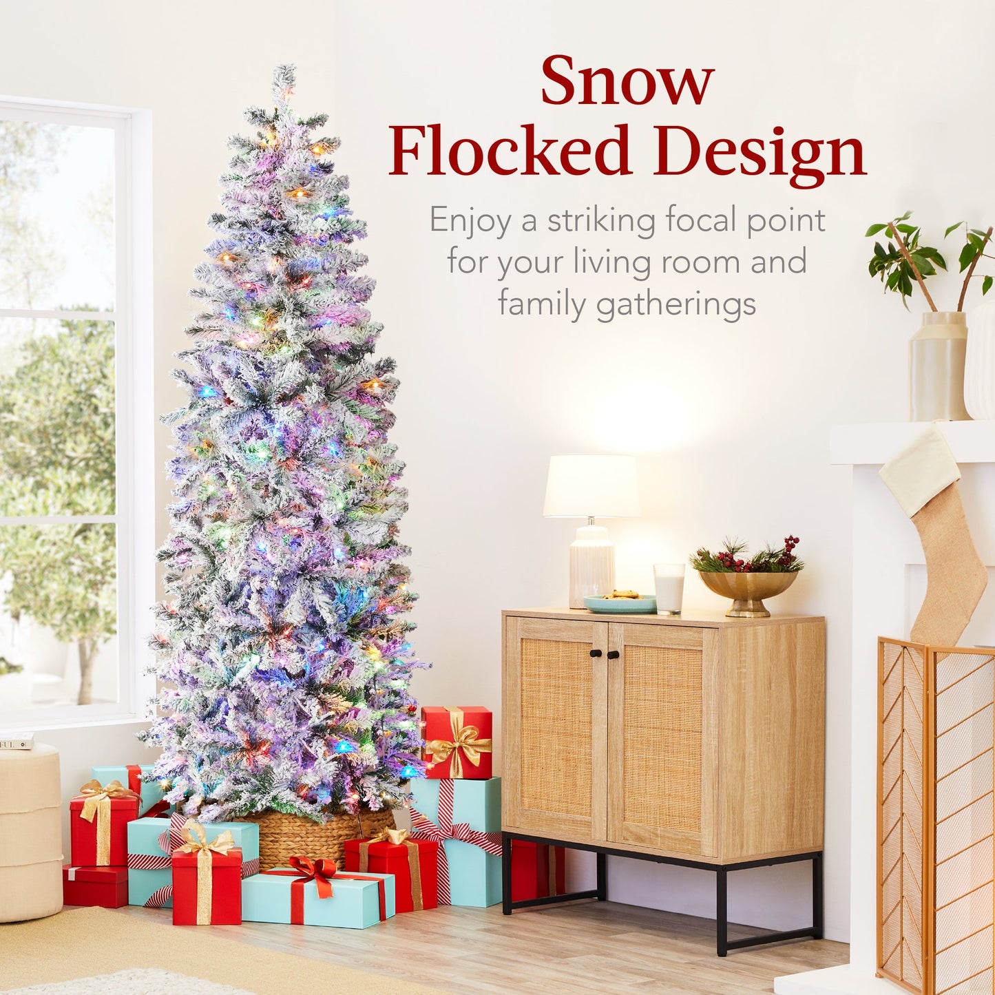 Pre-Lit Snow Flocked Artificial Pencil Christmas Tree w/ Multicolor Lights