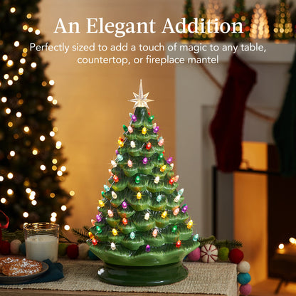 Large Pre-Lit Ceramic Christmas Tree Decoration w/ LED Light, Timer - 18in