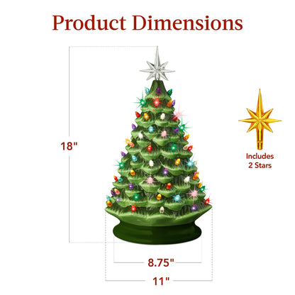 Large Pre-Lit Ceramic Christmas Tree Decoration w/ LED Light, Timer - 18in