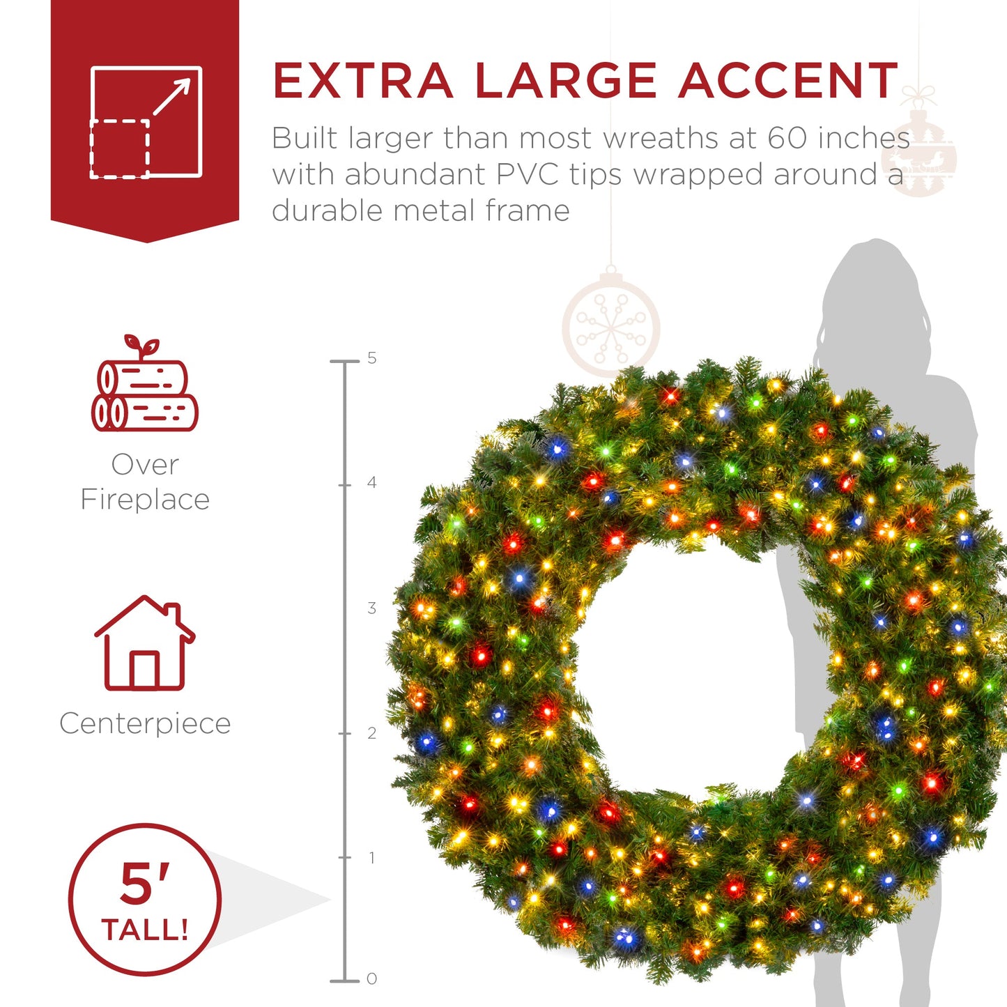 Pre-Lit Artificial Fir Christmas Wreath w/ Multicolor LED Lights, PVC Tips