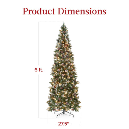 Pre-Lit Partially Flocked Pencil Christmas Tree w/ Pine Cones, Metal Stand