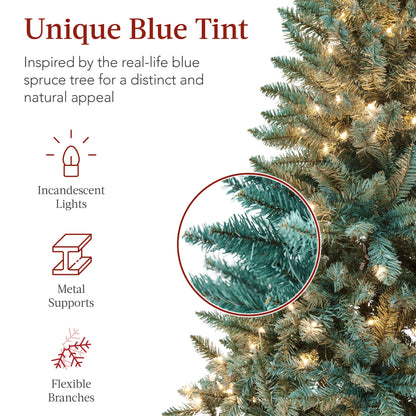 Pre-Lit Blue Spruce Christmas Tree w/ Foldable Base, Incandescent Lights