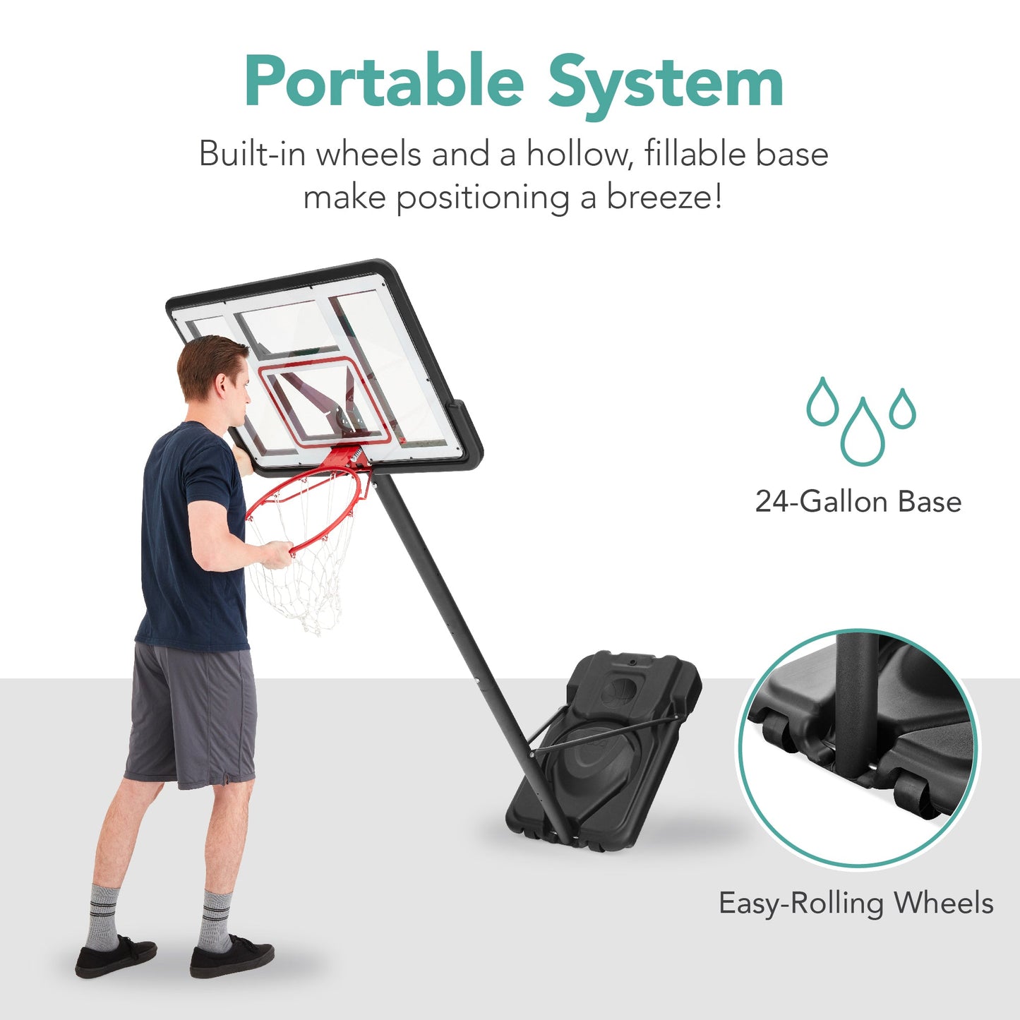 Adjustable Regulation-Size Basketball Hoop w/ Fillable Base, 2 Wheels