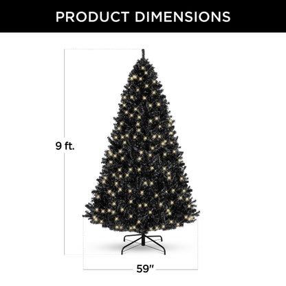 Pre-Lit Artificial Black Christmas Tree w/ Incandescent Lights, Metal Stand