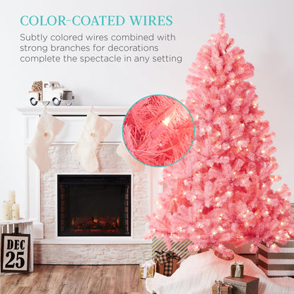 Pre-Lit Artificial Pink Christmas Tree w/ Incandescent Lights, Metal Stand