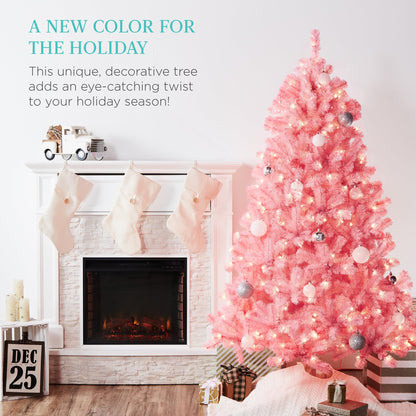 Pre-Lit Artificial Pink Christmas Tree w/ Incandescent Lights, Metal Stand