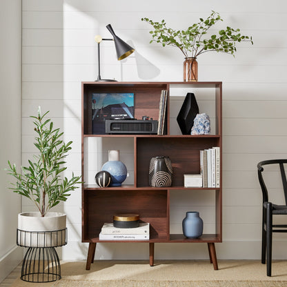 3-Tier Mid-Century Modern Wooden Bookcase w/ 3 Back Panels, Offset Legs