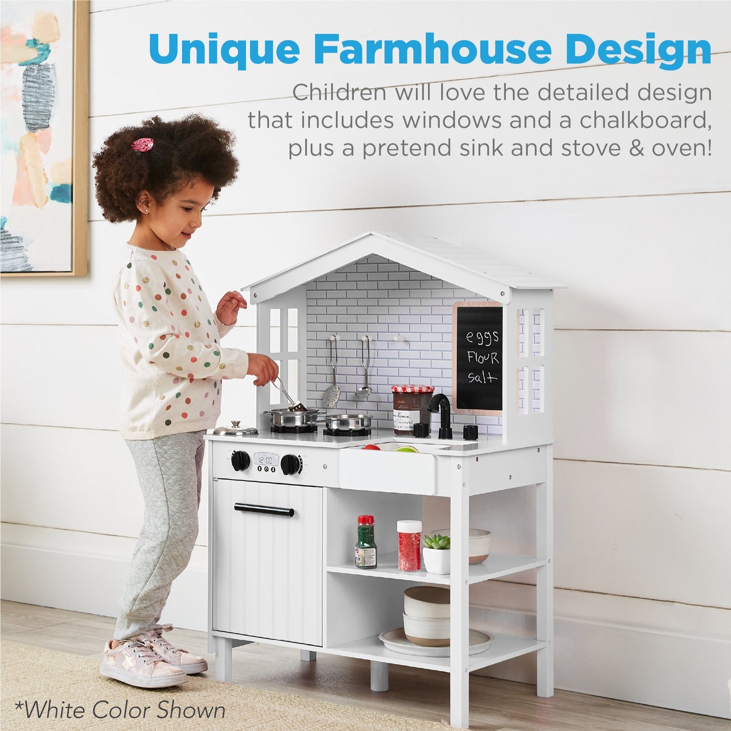 Kids Farmhouse Play Kitchen w/ Chalkboard, Storage Shelves, 5 Accessories