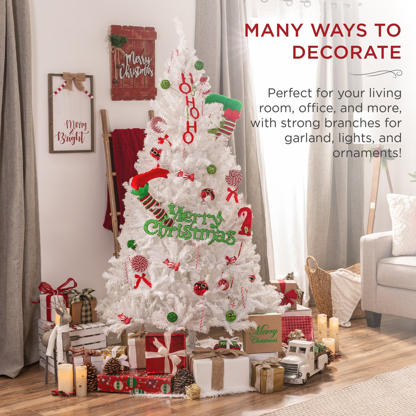 Premium White Artificial Pine Christmas Tree w/ Tips, Foldable Metal Base