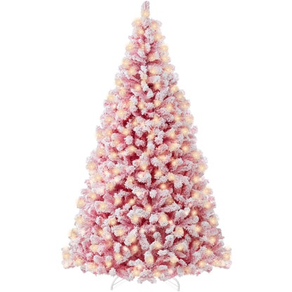 Pre-Lit Pink Christmas Tree Flocked Full Holiday Decor w/ Metal Base