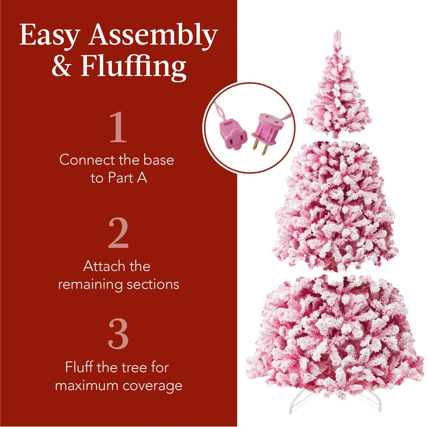 Pre-Lit Pink Christmas Tree Flocked Full Holiday Decor w/ Metal Base