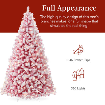 Pre-Lit Pink Christmas Tree Flocked Full Holiday Decor w/ Metal Base