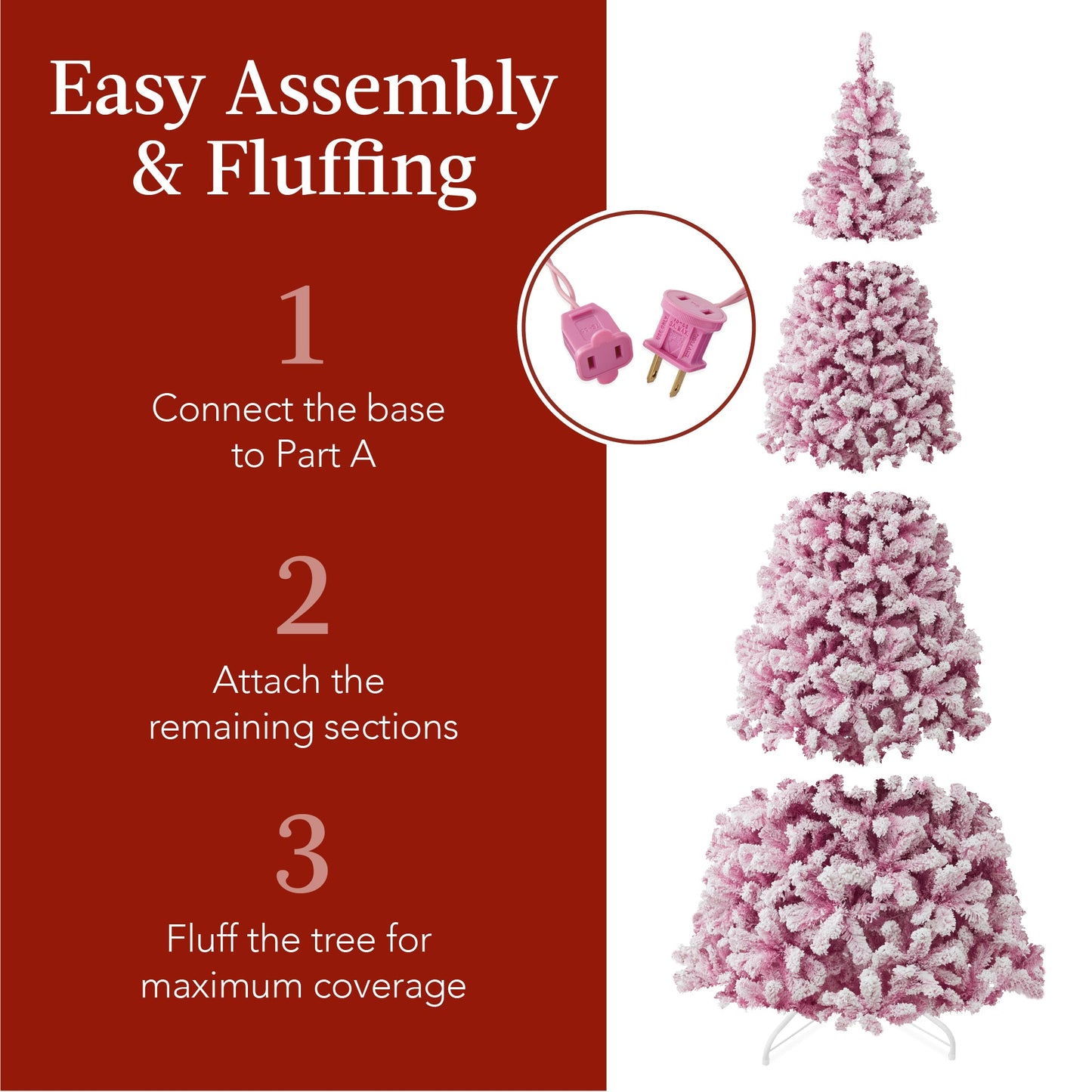 Pre-Lit Pink Christmas Tree Flocked Full Holiday Decor w/ Metal Base