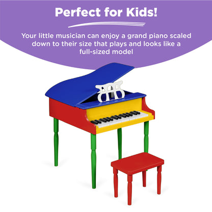 Kids Mini Wooden Grand Piano w/ Lid, Bench, Music Rack, Song Book, Stickers