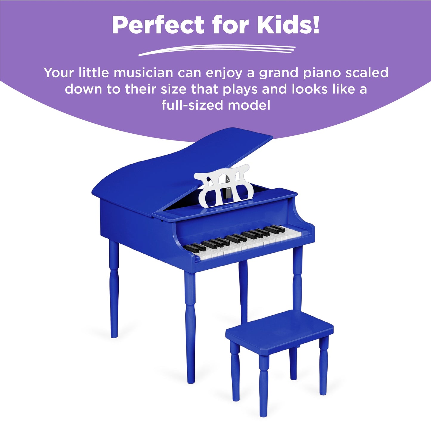 Kids Mini Wooden Grand Piano w/ Lid, Bench, Music Rack, Song Book, Stickers