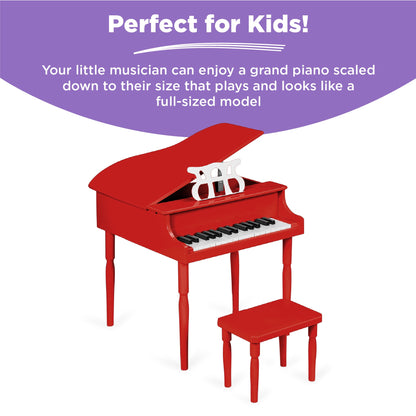 Kids Mini Wooden Grand Piano w/ Lid, Bench, Music Rack, Song Book, Stickers