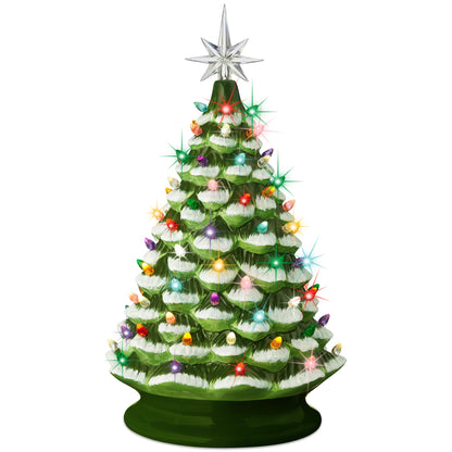 Large Pre-Lit Ceramic Christmas Tree Decoration w/ LED Light, Timer - 18in