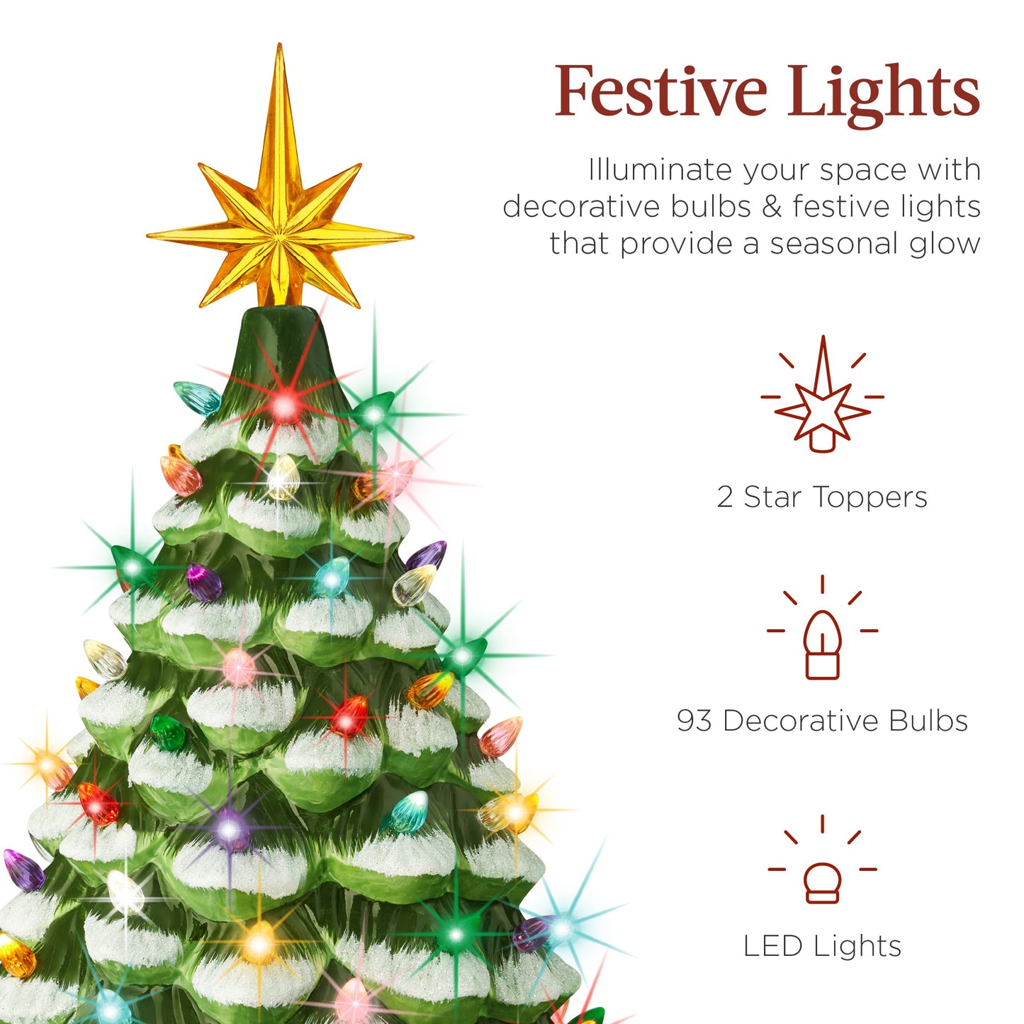 Large Pre-Lit Ceramic Christmas Tree Decoration w/ LED Light, Timer - 18in