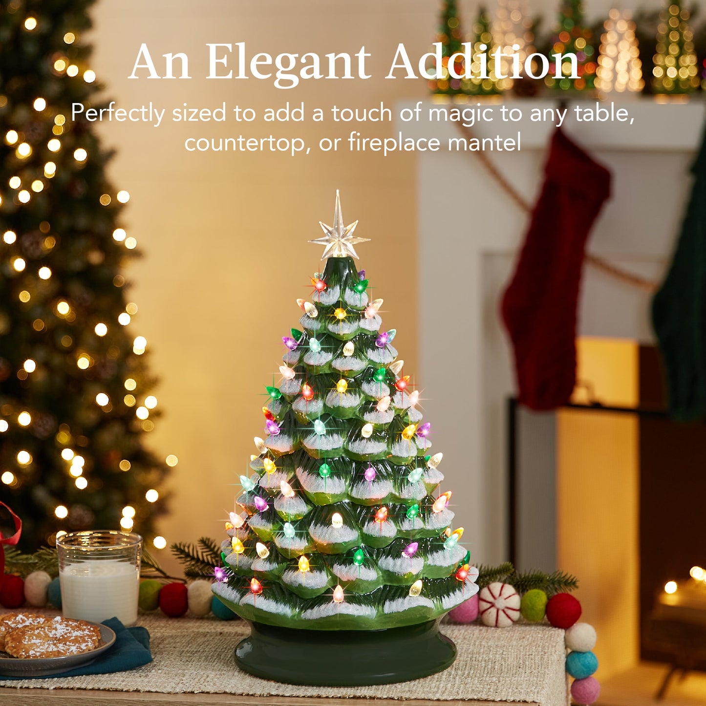 Large Pre-Lit Ceramic Christmas Tree Decoration w/ LED Light, Timer - 18in