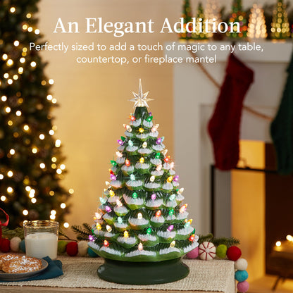 Large Pre-Lit Ceramic Christmas Tree Decoration w/ LED Light, Timer - 18in