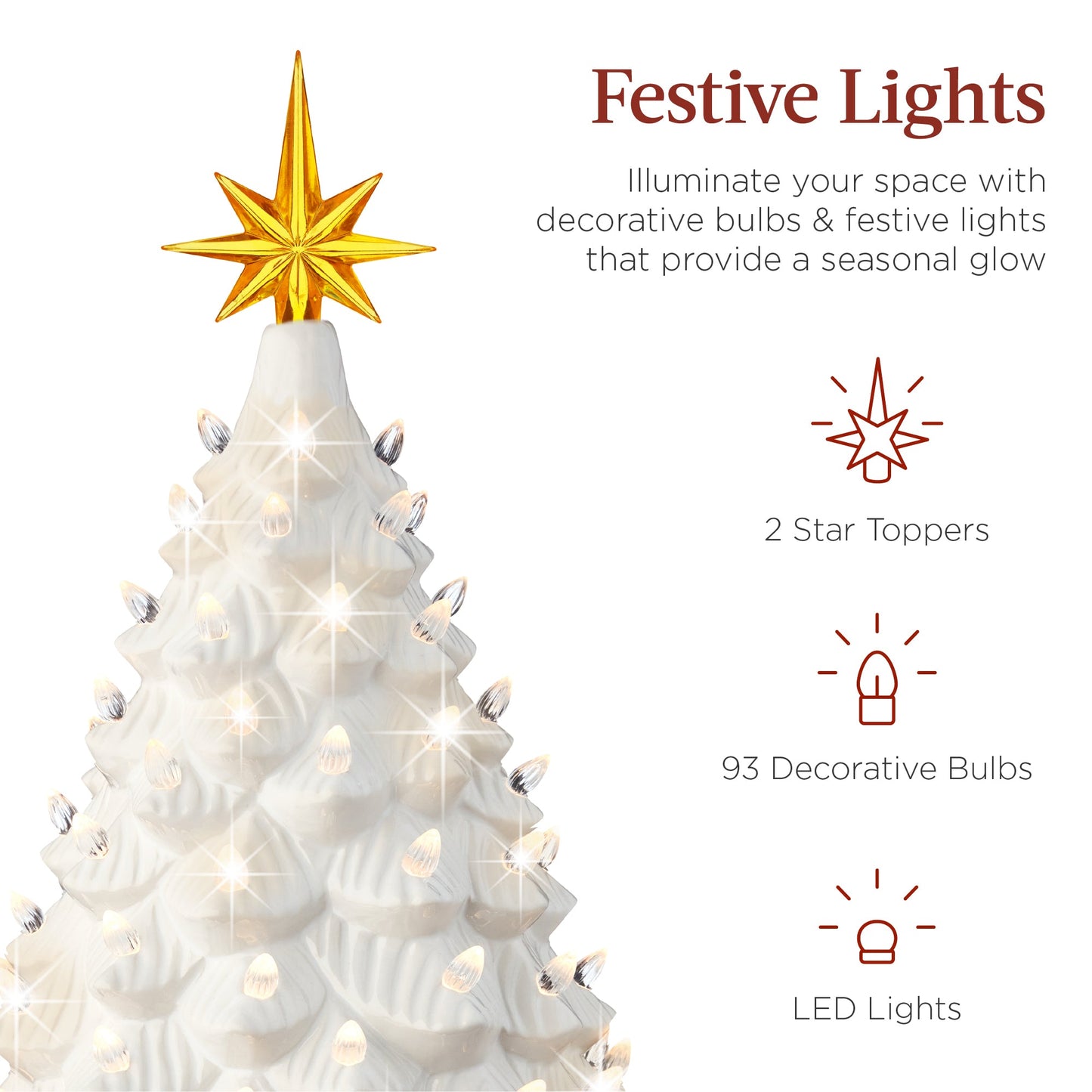 Large Pre-Lit Ceramic Christmas Tree Decoration w/ LED Light, Timer - 18in