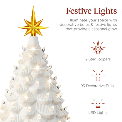 Large Pre-Lit Ceramic Christmas Tree Decoration w/ LED Light, Timer - 18in