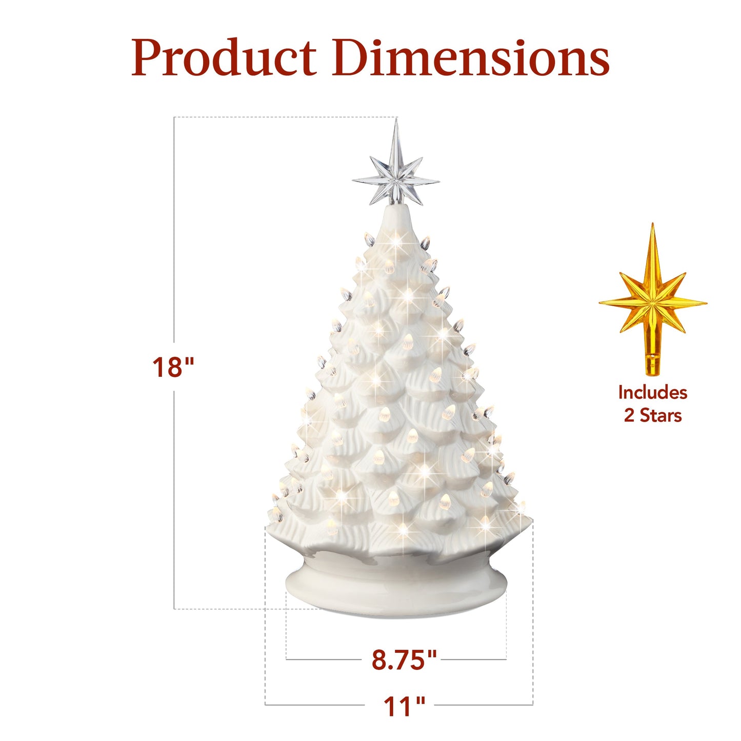 Large Pre-Lit Ceramic Christmas Tree Decoration w/ LED Light, Timer - 18in