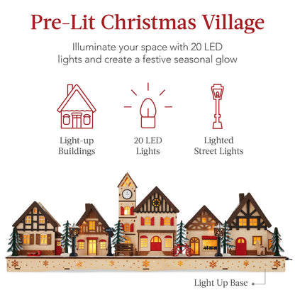 Pre-Lit Wooden Christmas Village, Winter Mantel Decor w/ 20 LED Lights