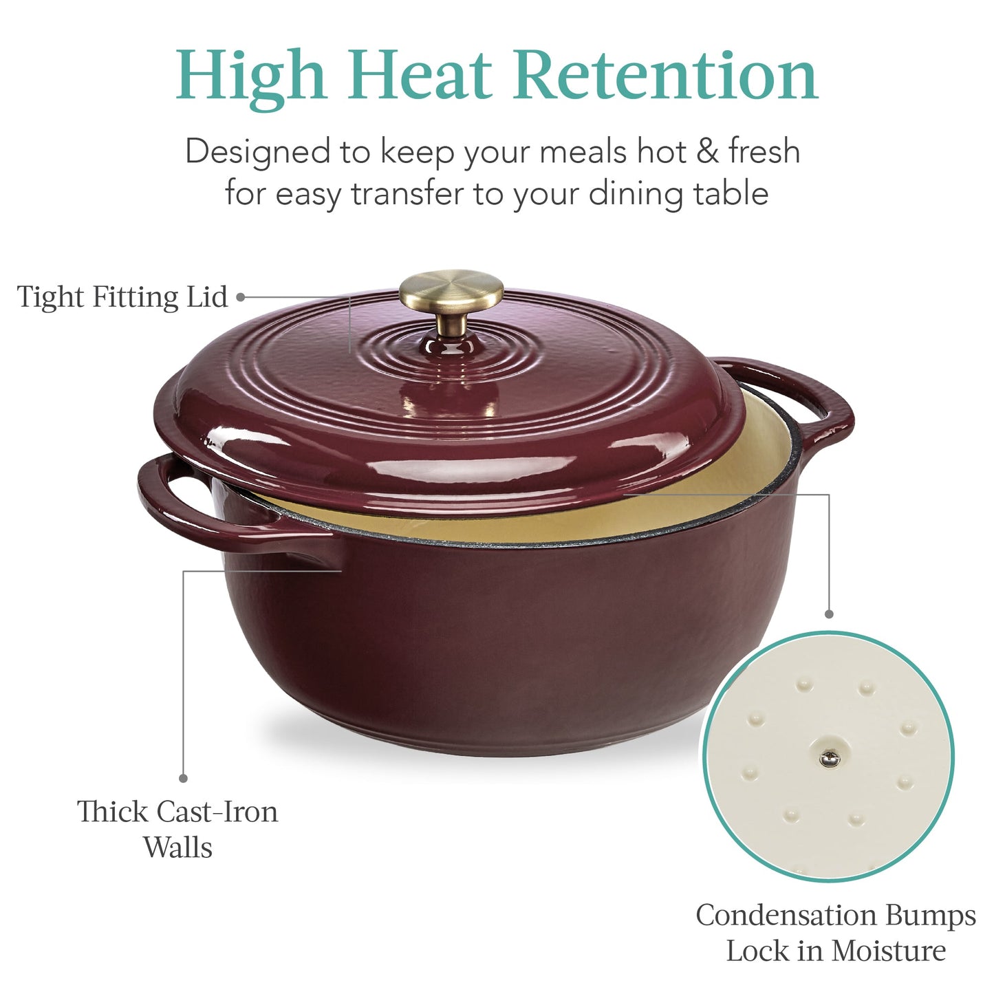 Cast-Iron Dutch Oven Kitchen Cookware w/ Enamel, Handles - 6qt