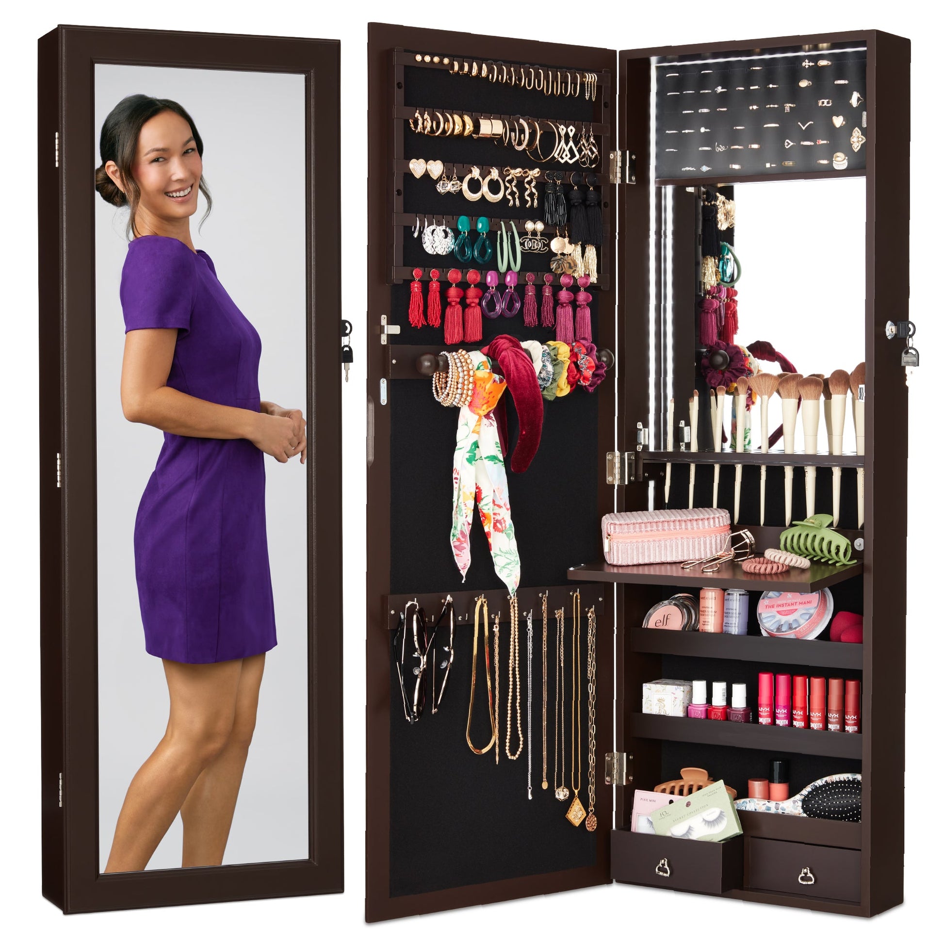 Door/Wall Mount Mirror Jewelry Cabinet Armoire w/ Inside Mirror, LED Lights