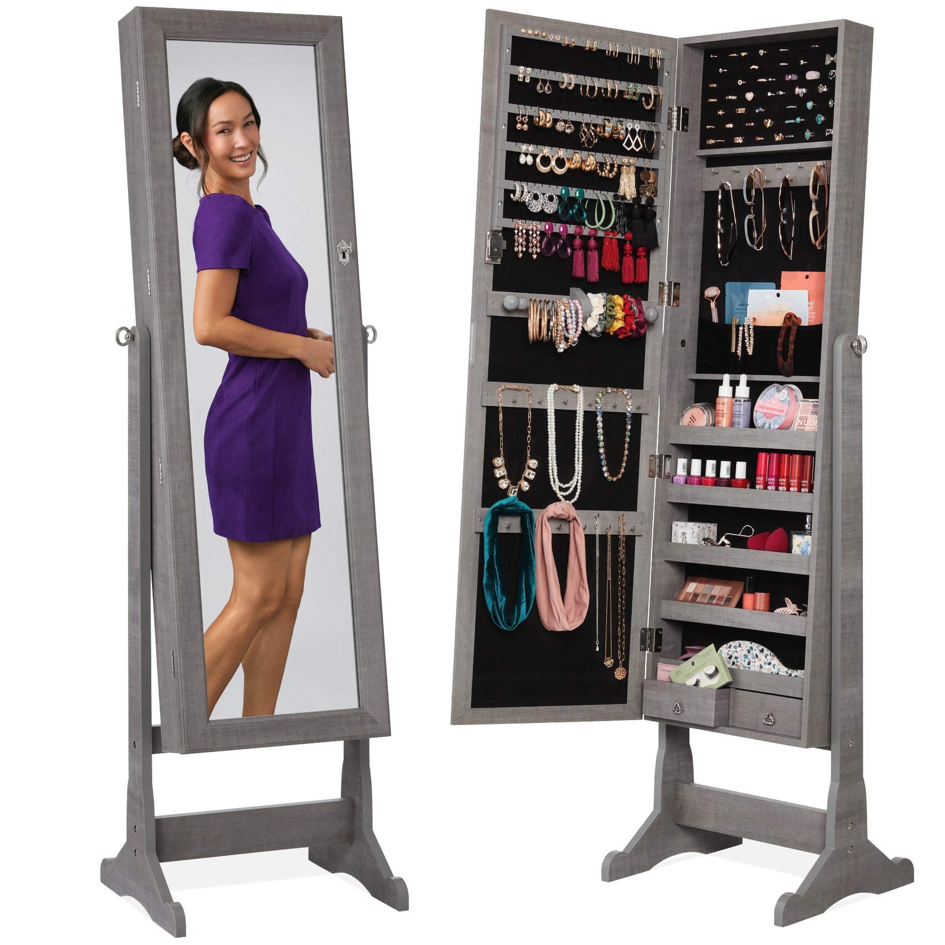 Full Length Freestanding Jewelry Mirror Armoire w/ Velvet Interior