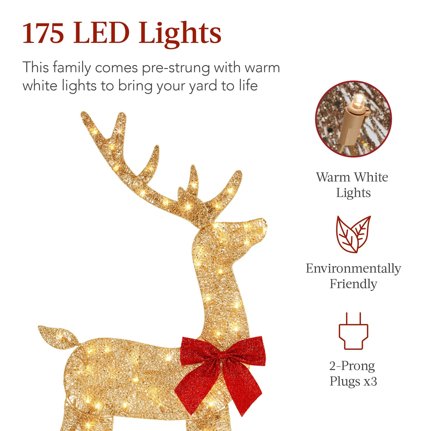 3-Piece Lighted 2D Christmas Deer Set Outdoor Decor w/ 175 LED Lights - 4ft