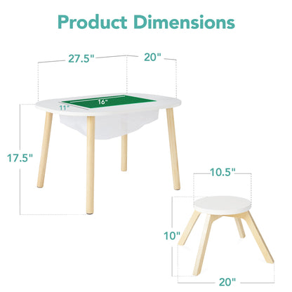 2-in-1 Kid's Building Block Table w/ 2 Stools, Storage Compartment