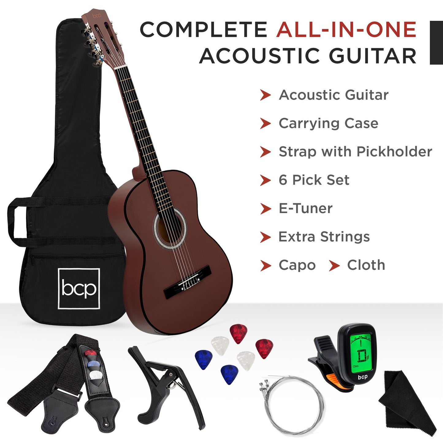 Beginner Acoustic Guitar Set w/ Case, Strap, Digital Tuner, Strings - 38in